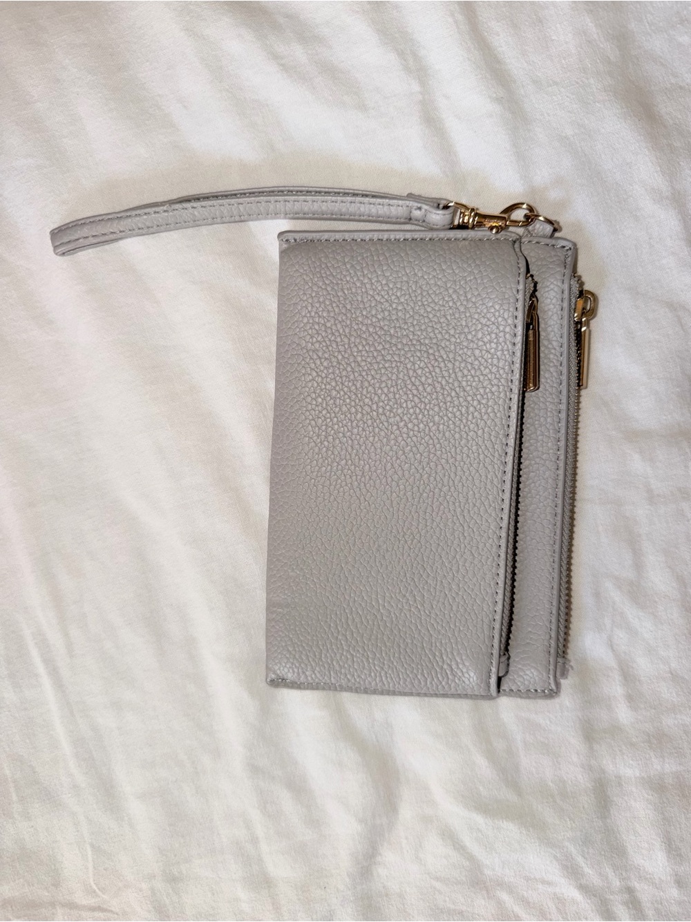 AND Grey Pebbled Leather Look Zip Wristlet with Gold Hardware